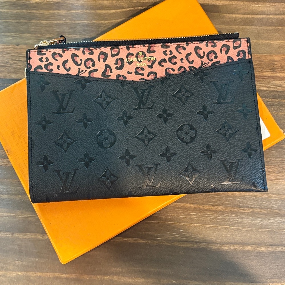 Black Monogram Embossed Zip Wristlet with Pink Leopard Accent